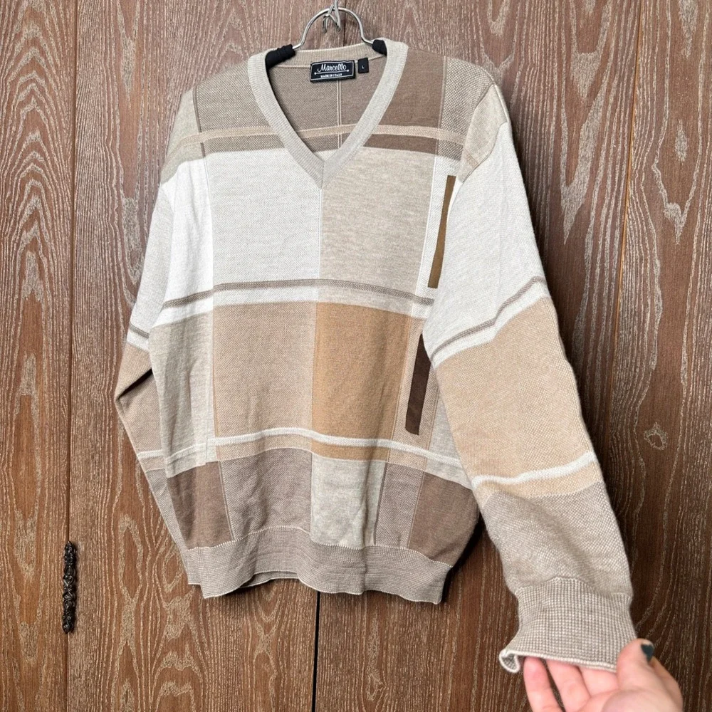 Marcello Mens V-Neck Merino Wool Blend Sweater Brown Beige Geometric Italy Large